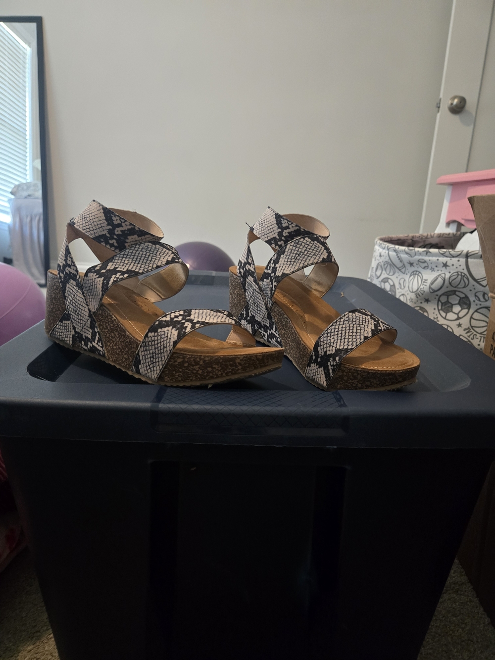 Madden Girl Black and Tan Snake-Print Wedge Sandals
